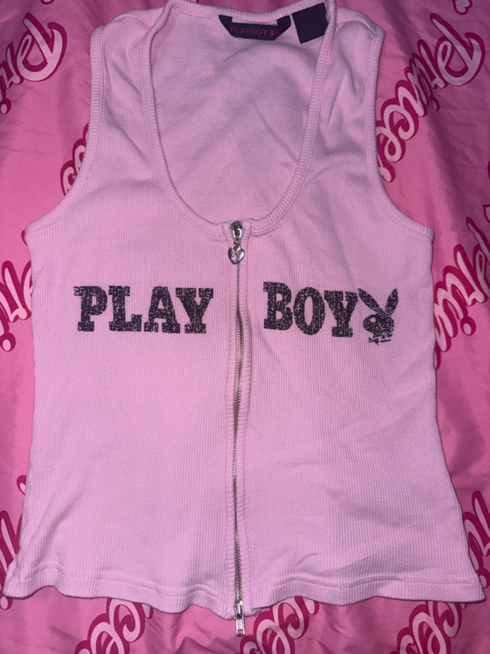 PLAYBOY Pink Ribbed Zip-Front Tank